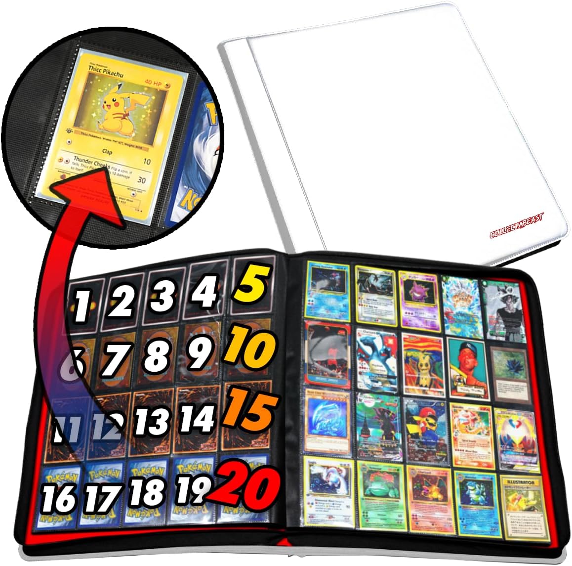 1280+ Cards 20 Pocket Card Binder Collector Card Album - Pages Compatible with Pokemon Cards, Sports Cards, Yugioh, MTG and Other TCG - Trading Card Sleeve with Side Loading Pockets (White/Red)